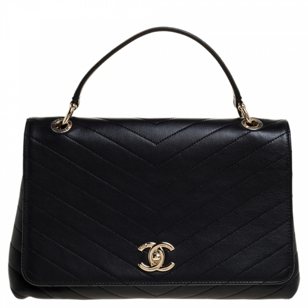 RARE! Authentic! Chanel CC Coco Top Handle Calfskin Quilted Chevron Leather Flap - Picture 2 of 15